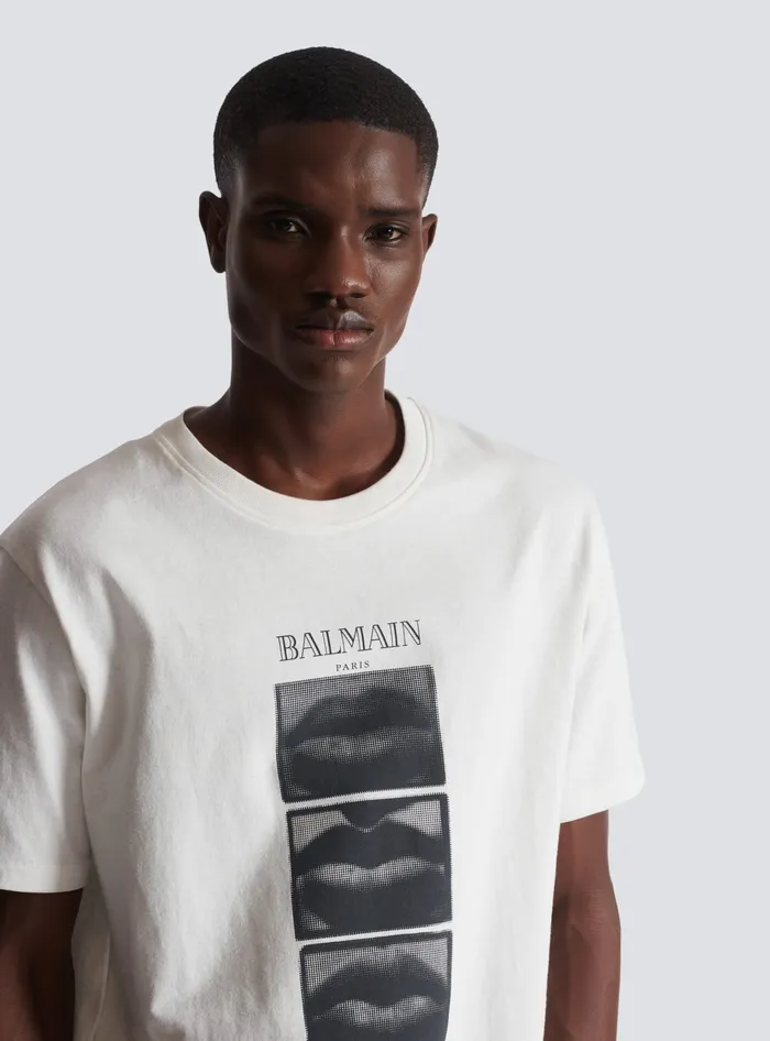 Balmain Tshirt With Vintage Lips Print White Men TShirts