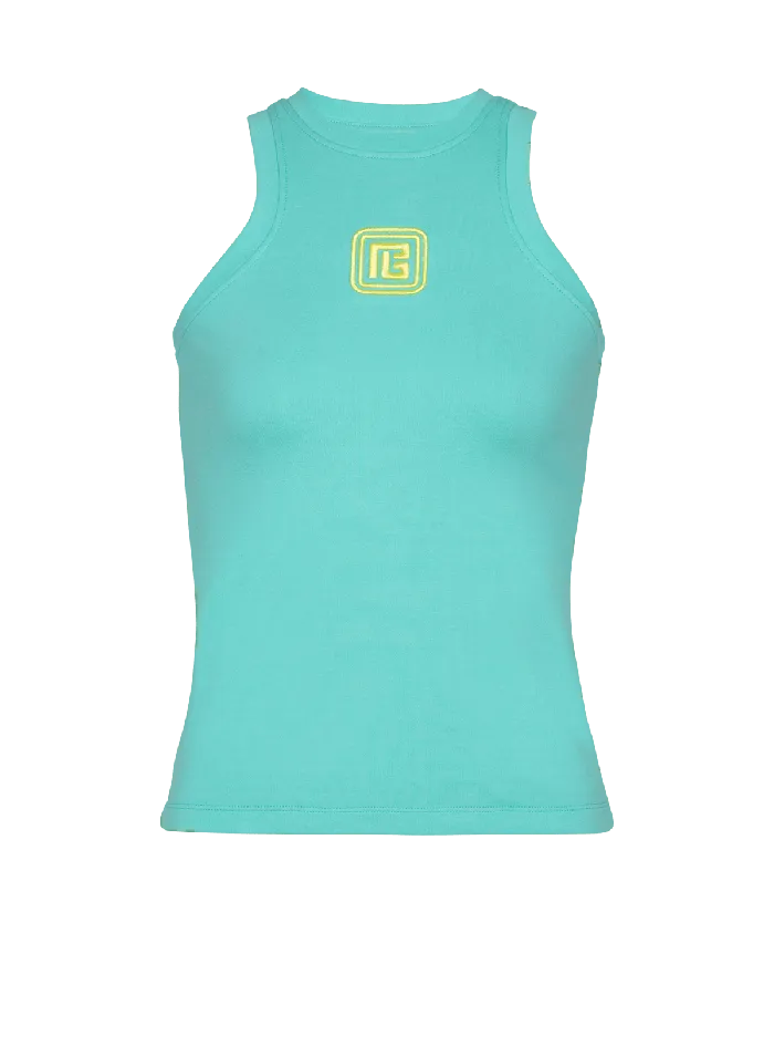 Balmain Tank Top With Retro PB Embroidery Blue Women TShirts