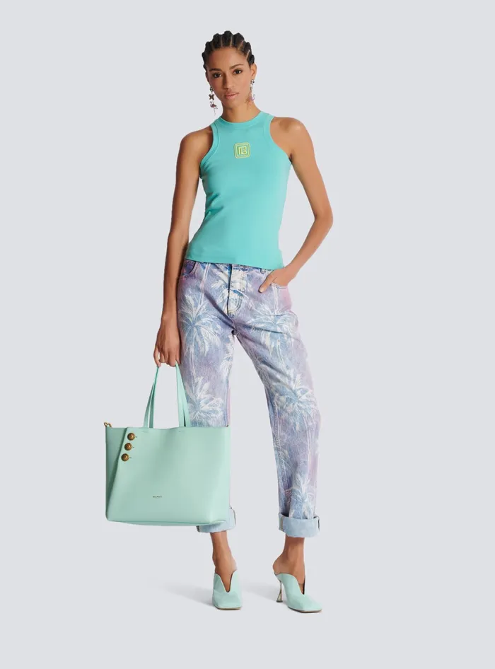 Balmain Tank Top With Retro PB Embroidery Blue Women TShirts