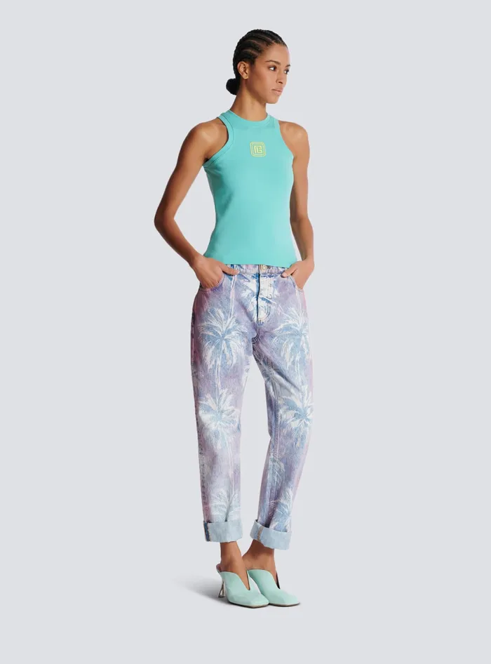 Balmain Tank Top With Retro PB Embroidery Blue Women TShirts