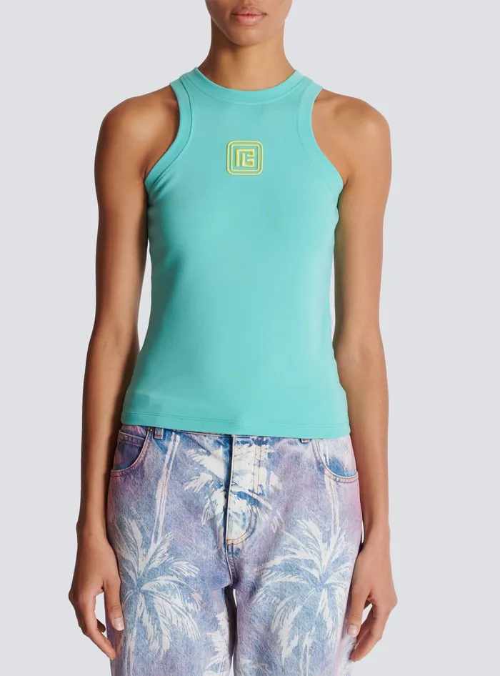 Balmain Tank Top With Retro PB Embroidery Blue Women TShirts