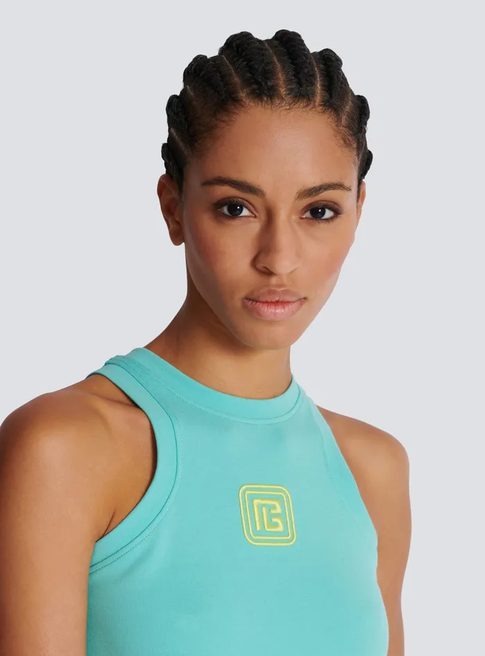 Balmain Tank Top With Retro PB Embroidery Blue Women TShirts