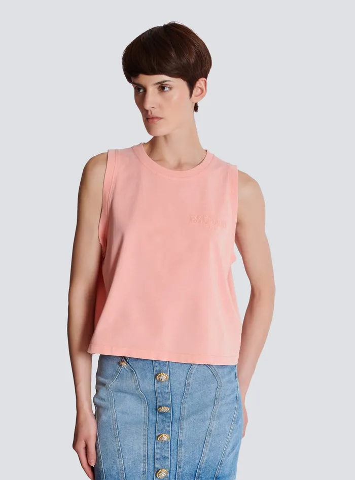 Balmain Tank Top With Vintage Embroidery Pink Women TShirts