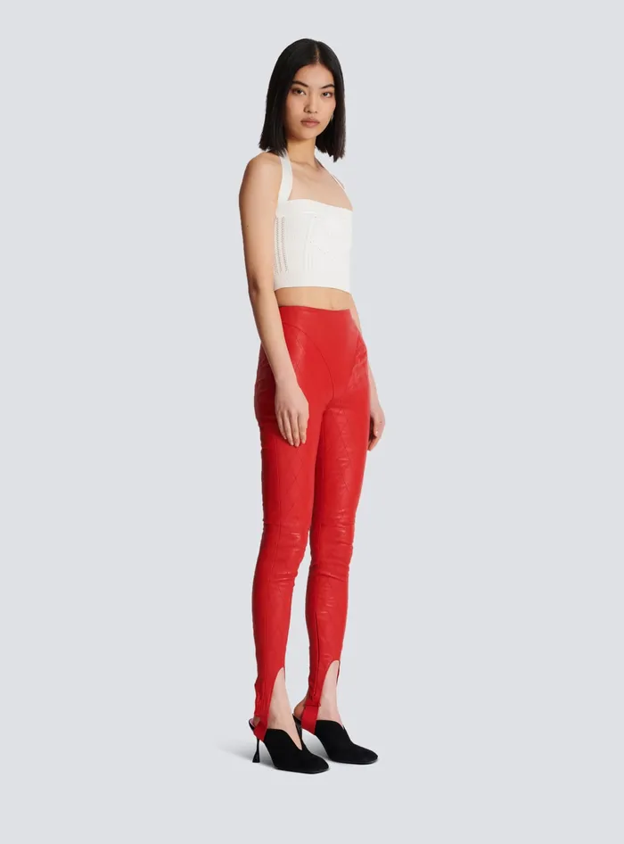 Balmain Topstitched Leather Leggings Red Women Trousers And Shorts