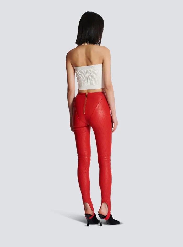 Balmain Topstitched Leather Leggings Red Women Trousers And Shorts