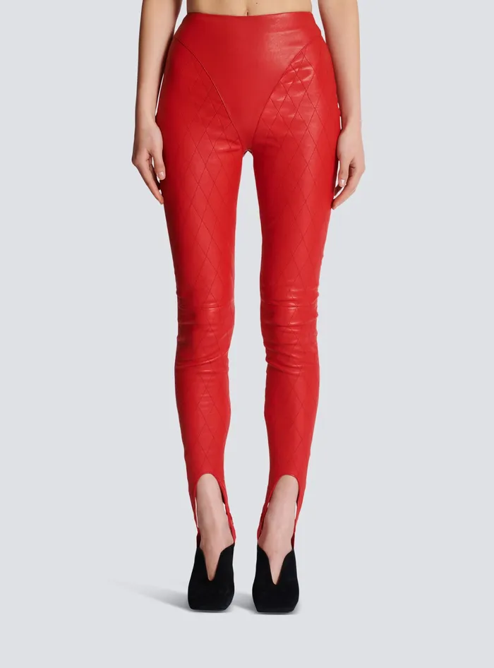 Balmain Topstitched Leather Leggings Red Women Trousers And Shorts