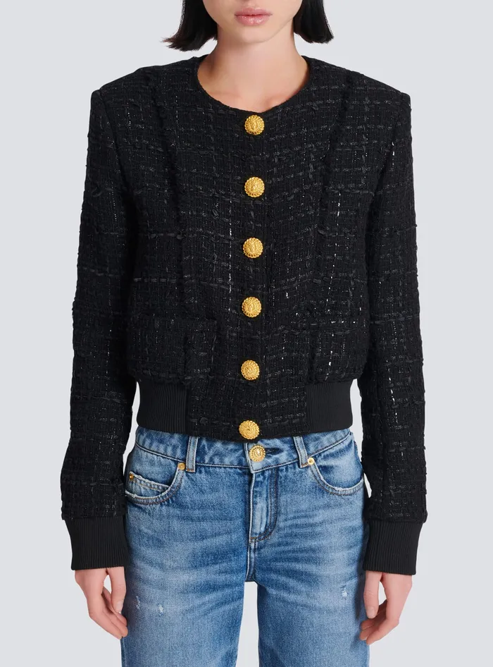 Balmain Tweed Jacket Black Women Outerwear