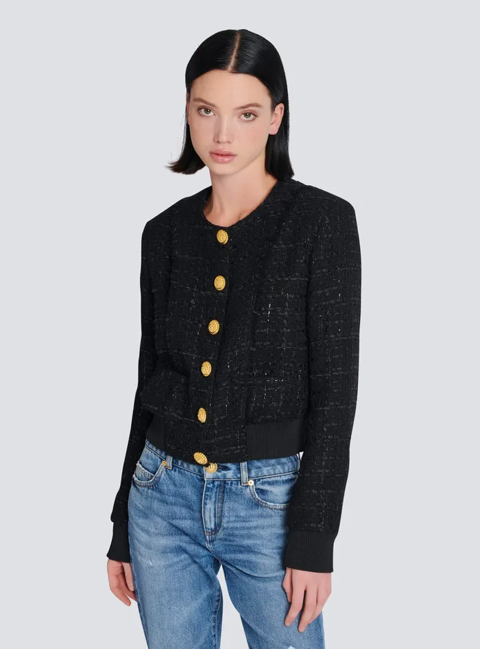 Balmain Tweed Jacket Black Women Outerwear