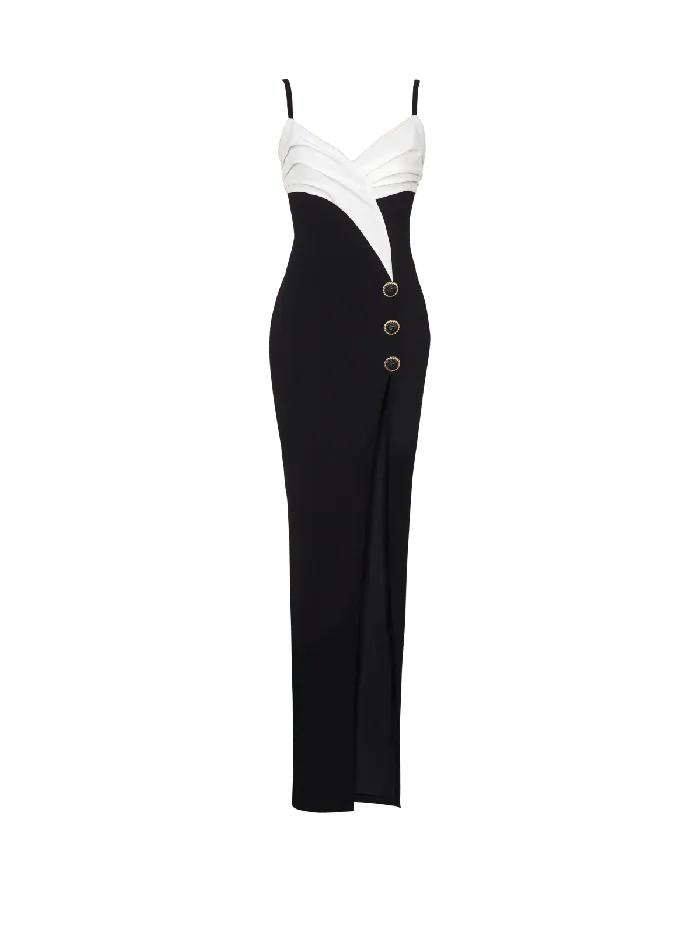 Balmain Twotone Long Crepe Dress With Leg Slit Black Women Dresses