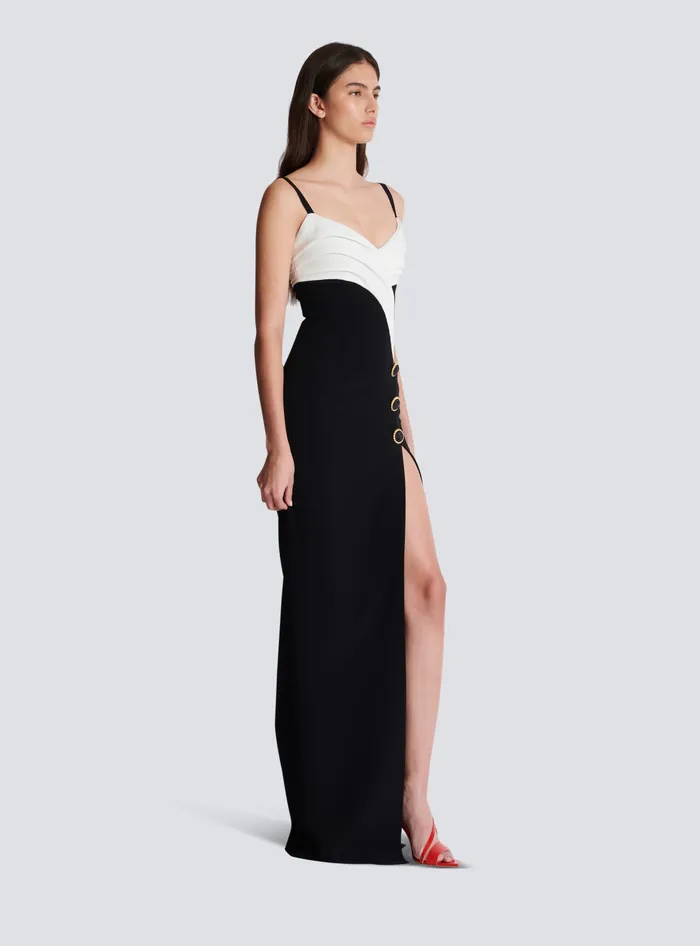 Balmain Twotone Long Crepe Dress With Leg Slit Black Women Dresses