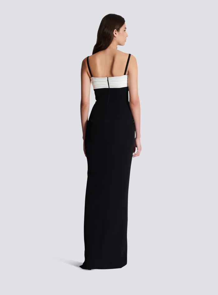 Balmain Twotone Long Crepe Dress With Leg Slit Black Women Dresses