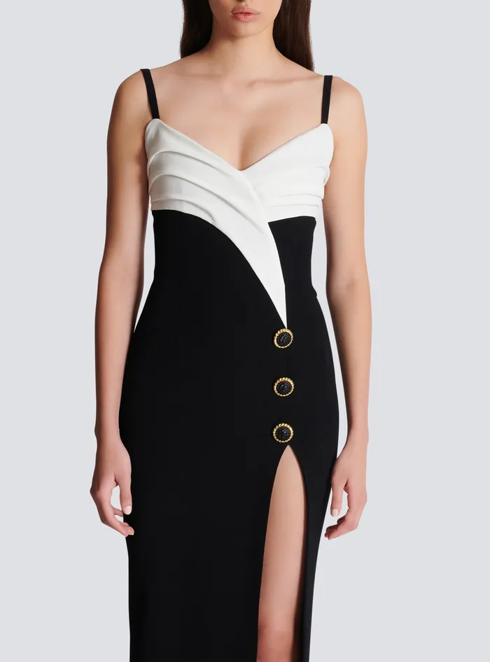 Balmain Twotone Long Crepe Dress With Leg Slit Black Women Dresses