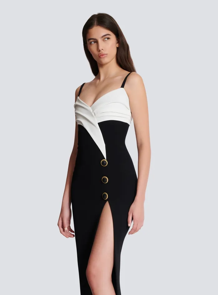 Balmain Twotone Long Crepe Dress With Leg Slit Black Women Dresses