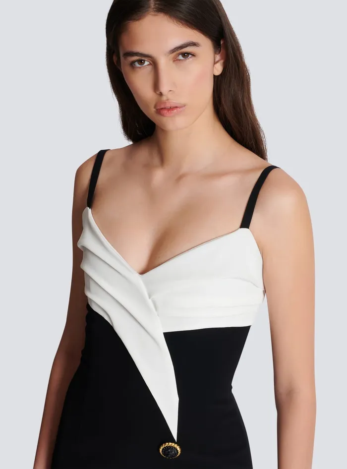 Balmain Twotone Long Crepe Dress With Leg Slit Black Women Dresses