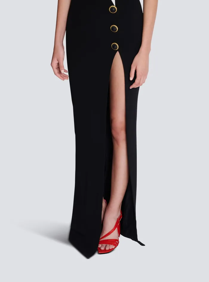 Balmain Twotone Long Crepe Dress With Leg Slit Black Women Dresses
