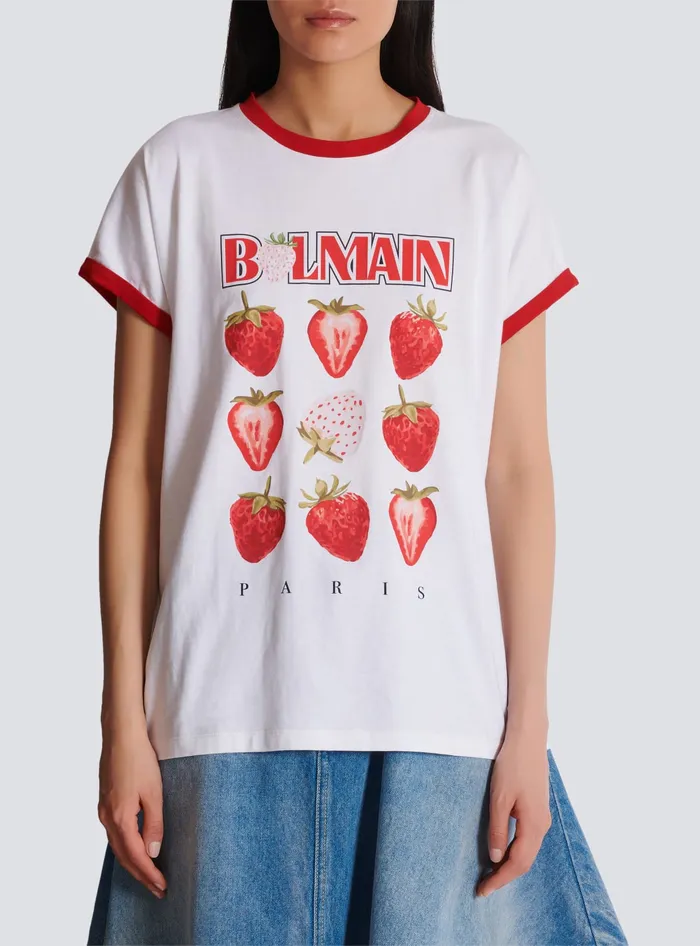 Balmain Twotone Tshirt With Strawberry Print White Women TShirts