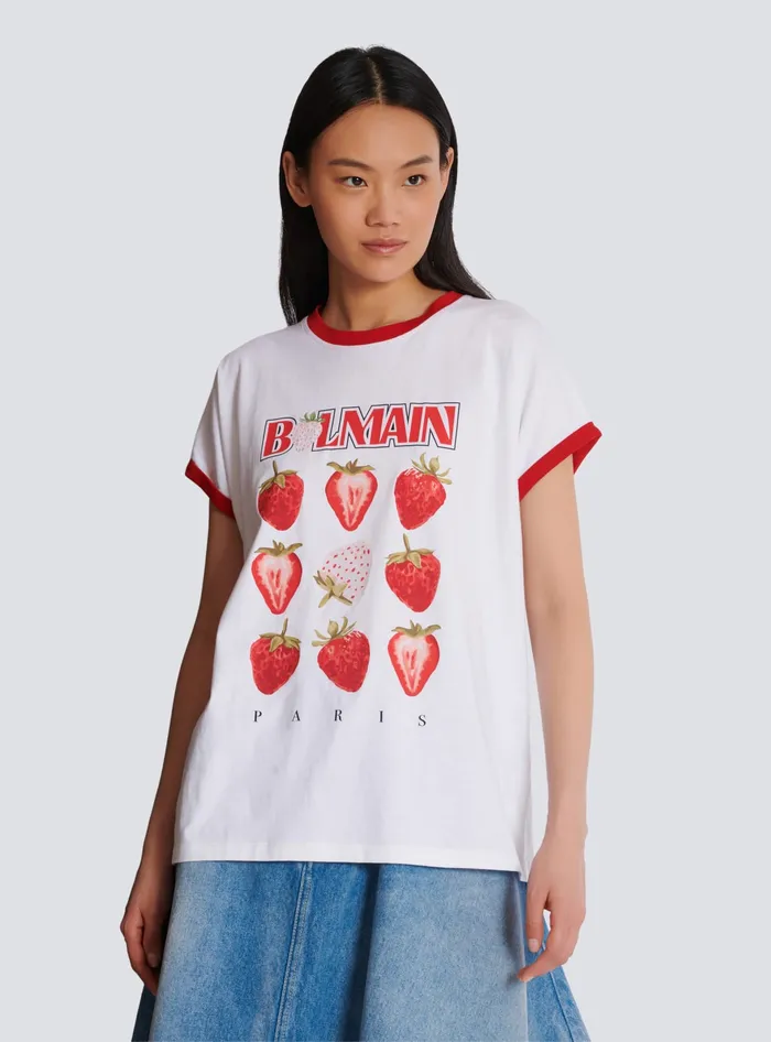 Balmain Twotone Tshirt With Strawberry Print White Women TShirts