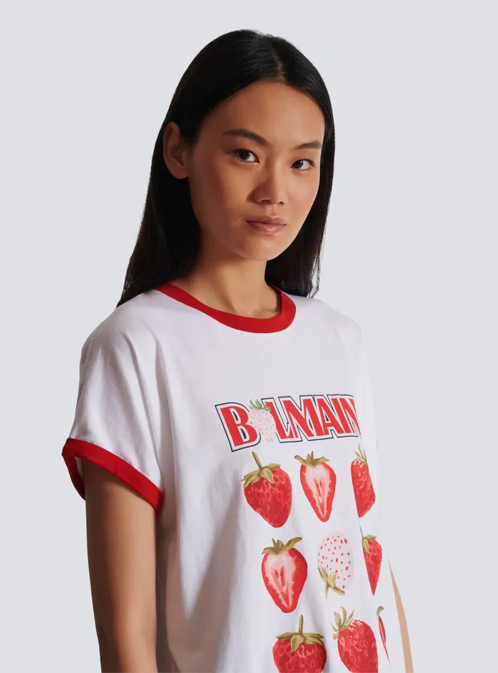 Balmain Twotone Tshirt With Strawberry Print White Women TShirts