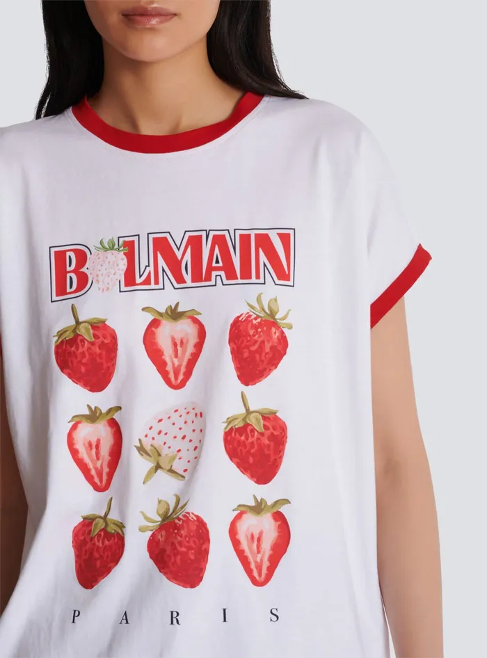 Balmain Twotone Tshirt With Strawberry Print White Women TShirts
