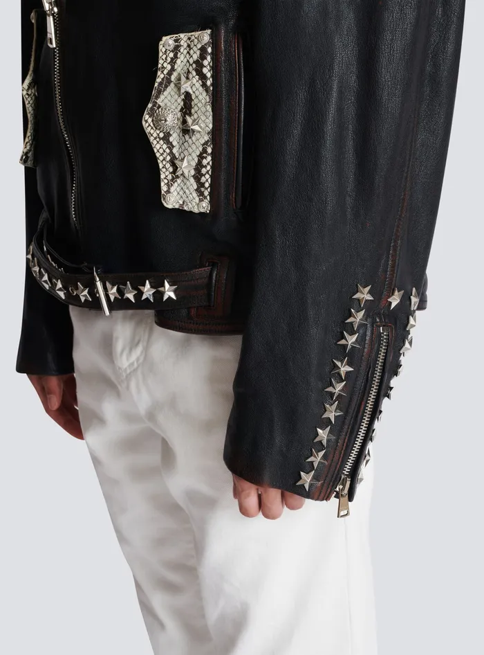 Balmain Western Leather Biker Jacket Black Men Outerwear