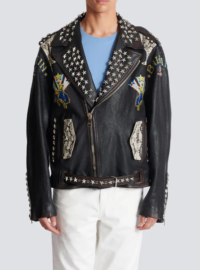 Balmain Western Leather Biker Jacket Black Men Outerwear