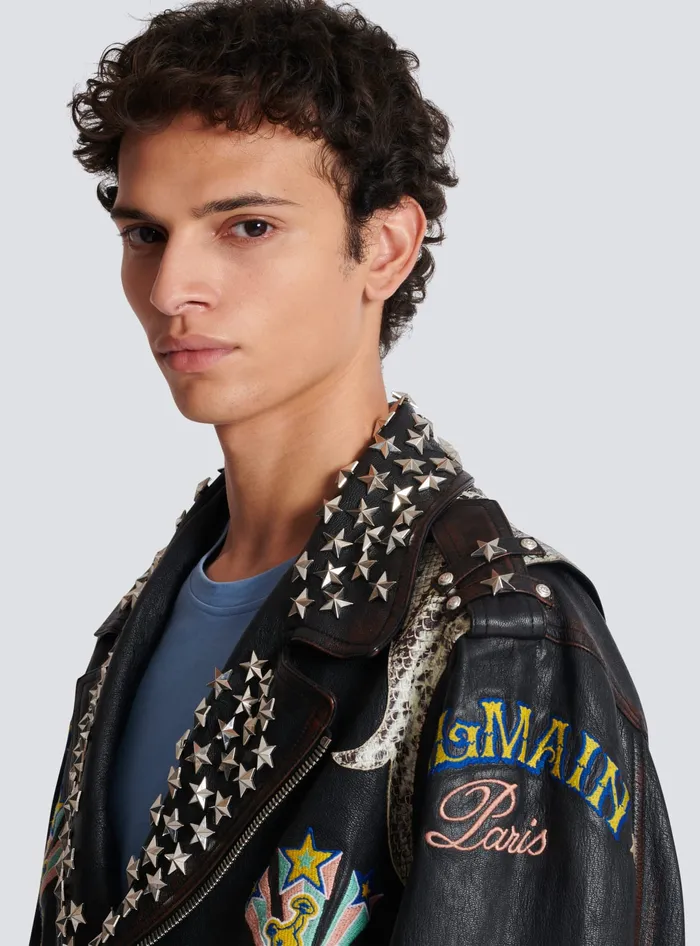 Balmain Western Leather Biker Jacket Black Men Outerwear