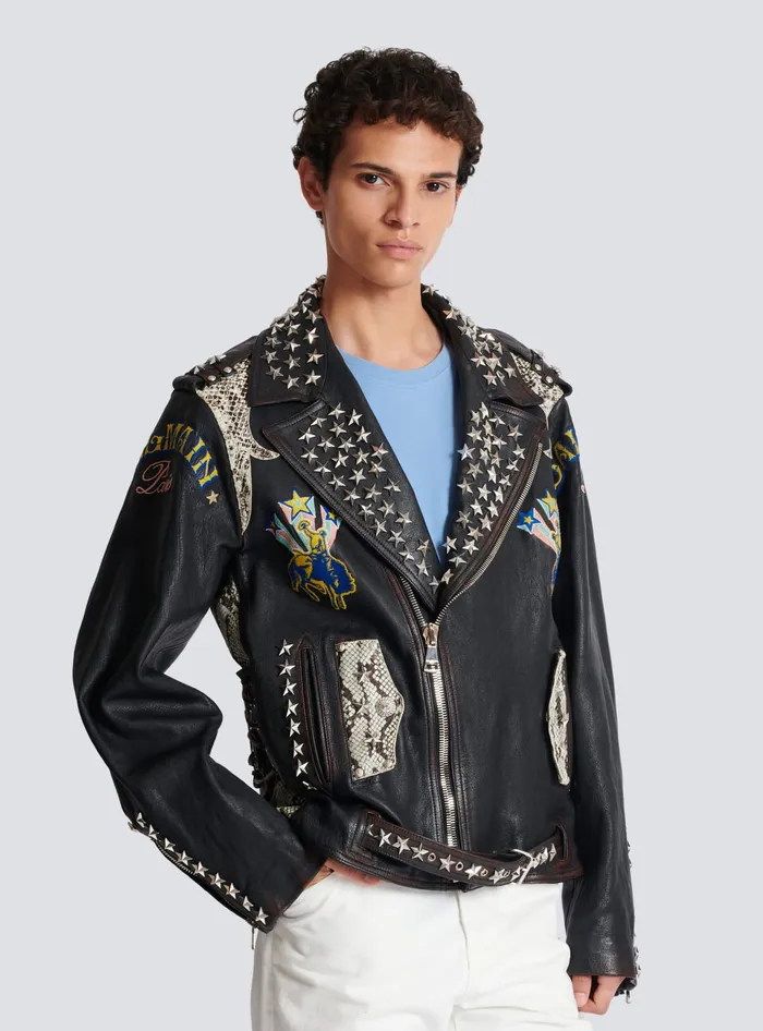 Balmain Western Leather Biker Jacket Black Men Outerwear