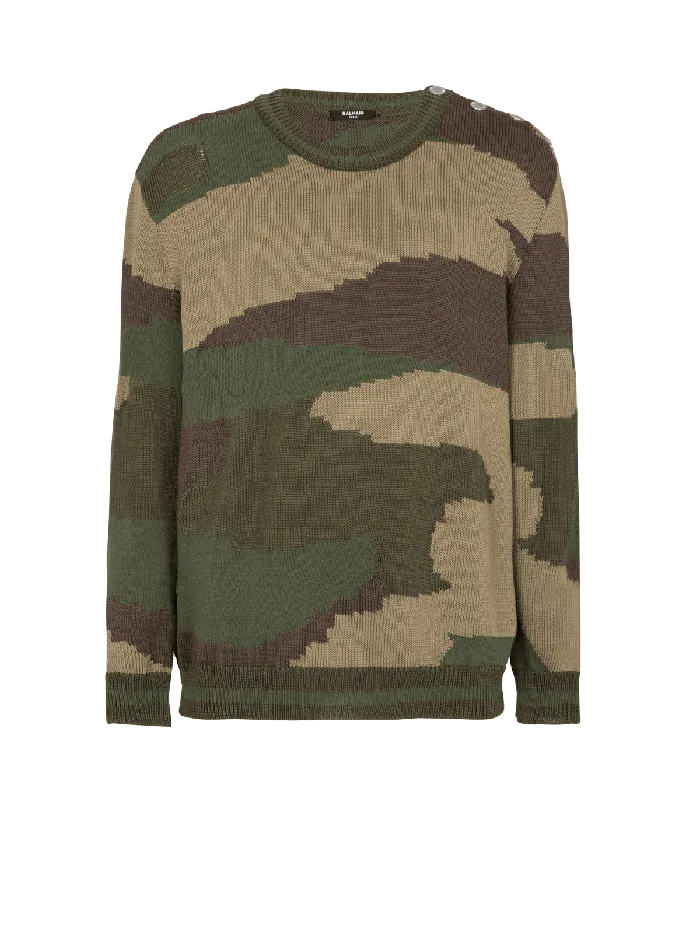 Balmain Wool Camouflage Jumper Khaki Men Knitwear
