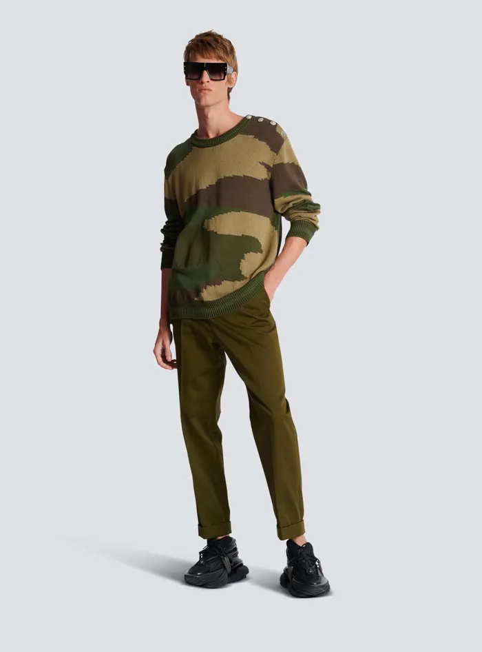 Balmain Wool Camouflage Jumper Khaki Men Knitwear