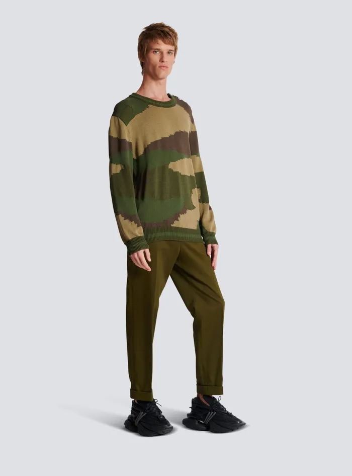 Balmain Wool Camouflage Jumper Khaki Men Knitwear