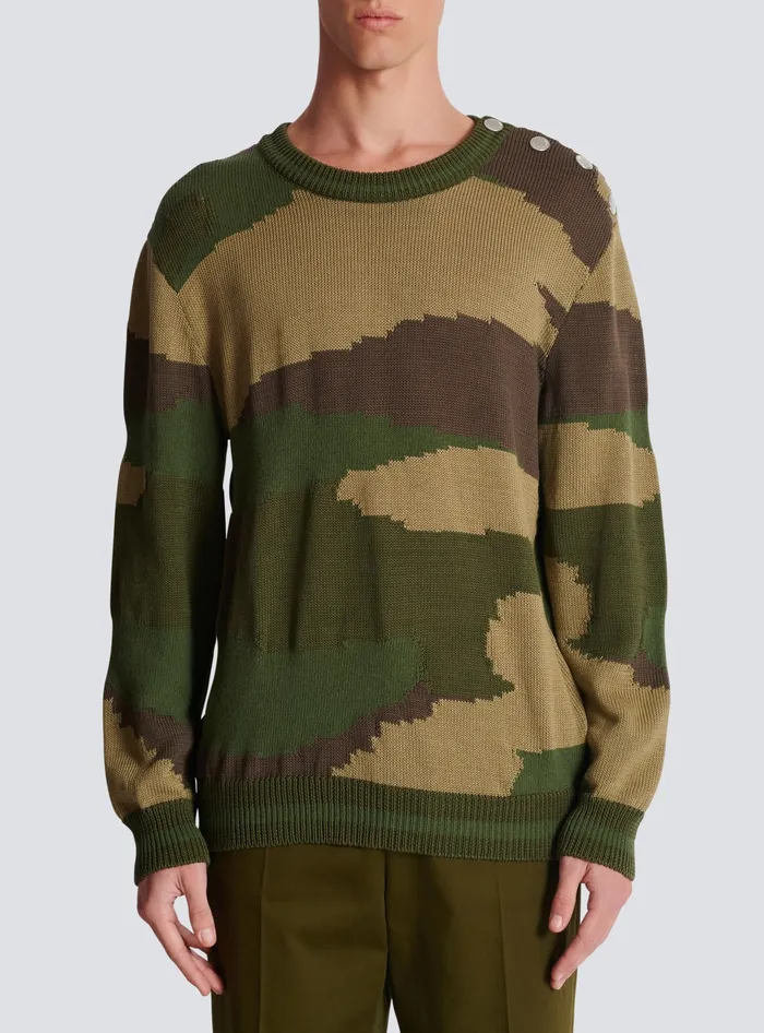 Balmain Wool Camouflage Jumper Khaki Men Knitwear