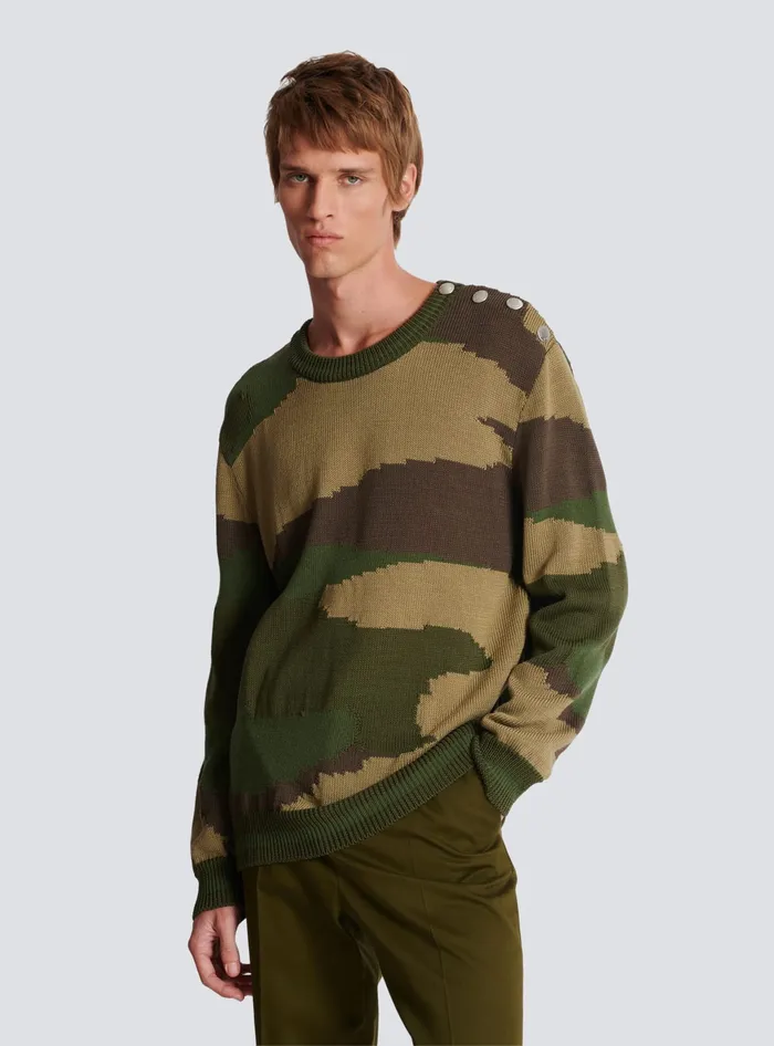 Balmain Wool Camouflage Jumper Khaki Men Knitwear