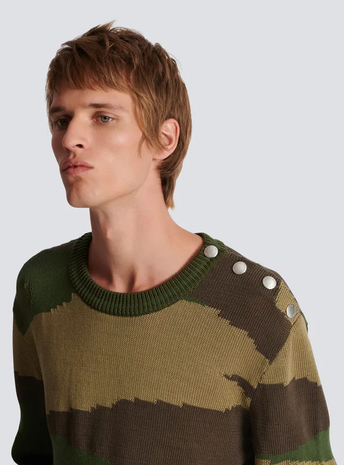 Balmain Wool Camouflage Jumper Khaki Men Knitwear