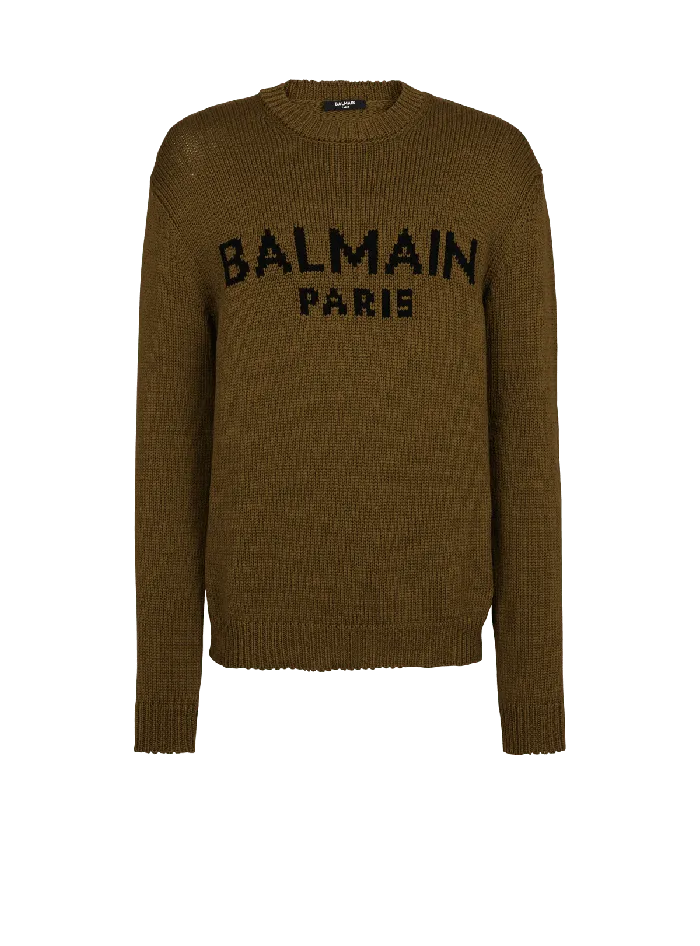 Balmain Wool Paris Jumper Khaki Men Knitwear