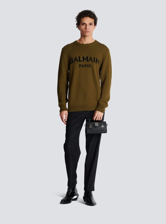 Balmain Wool Paris Jumper Khaki Men Knitwear