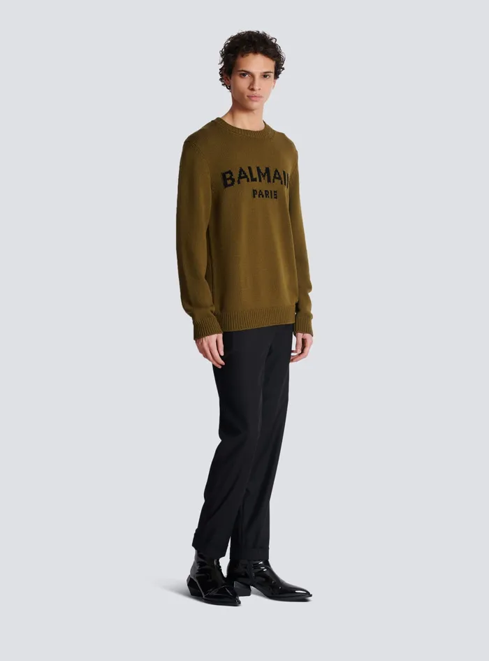 Balmain Wool Paris Jumper Khaki Men Knitwear