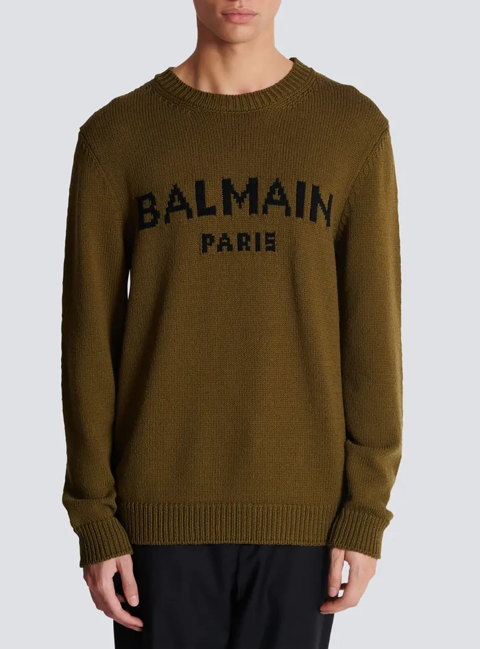Balmain Wool Paris Jumper Khaki Men Knitwear