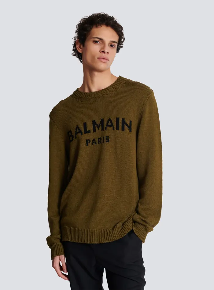 Balmain Wool Paris Jumper Khaki Men Knitwear
