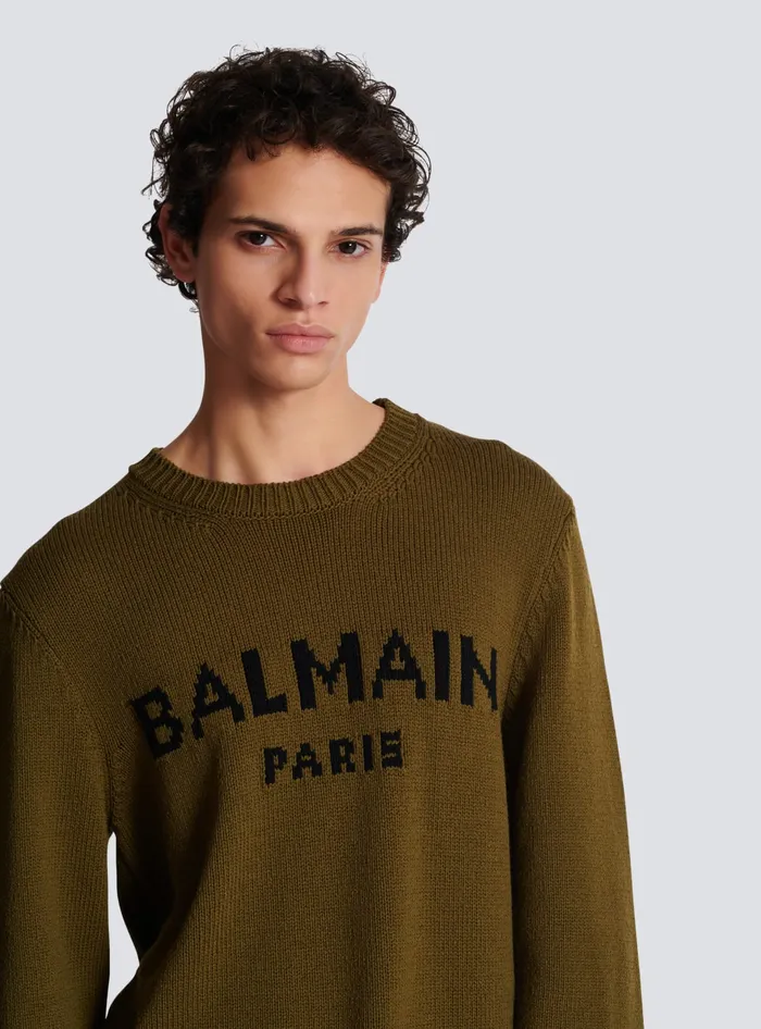 Balmain Wool Paris Jumper Khaki Men Knitwear