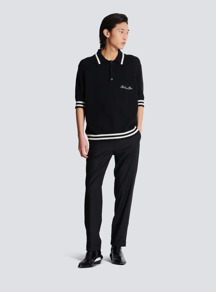 Balmain Wool Polo Shirt With Signature Embroidery Black Men Knitwear