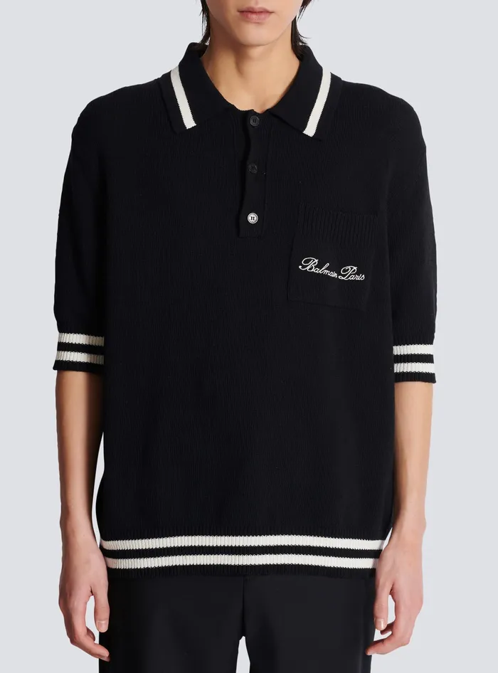 Balmain Wool Polo Shirt With Signature Embroidery Black Men Knitwear