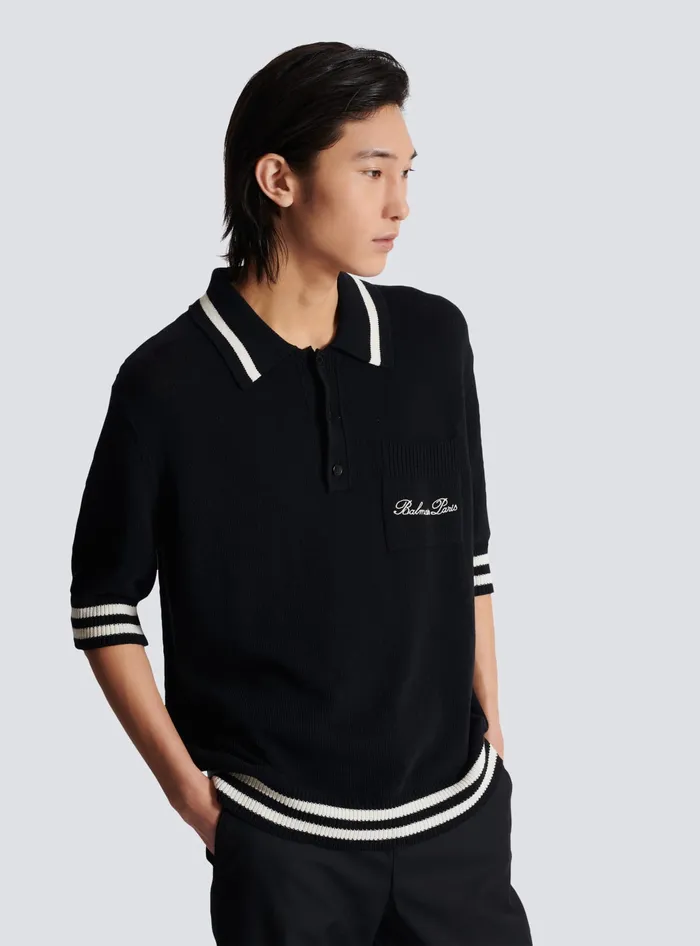 Balmain Wool Polo Shirt With Signature Embroidery Black Men Knitwear