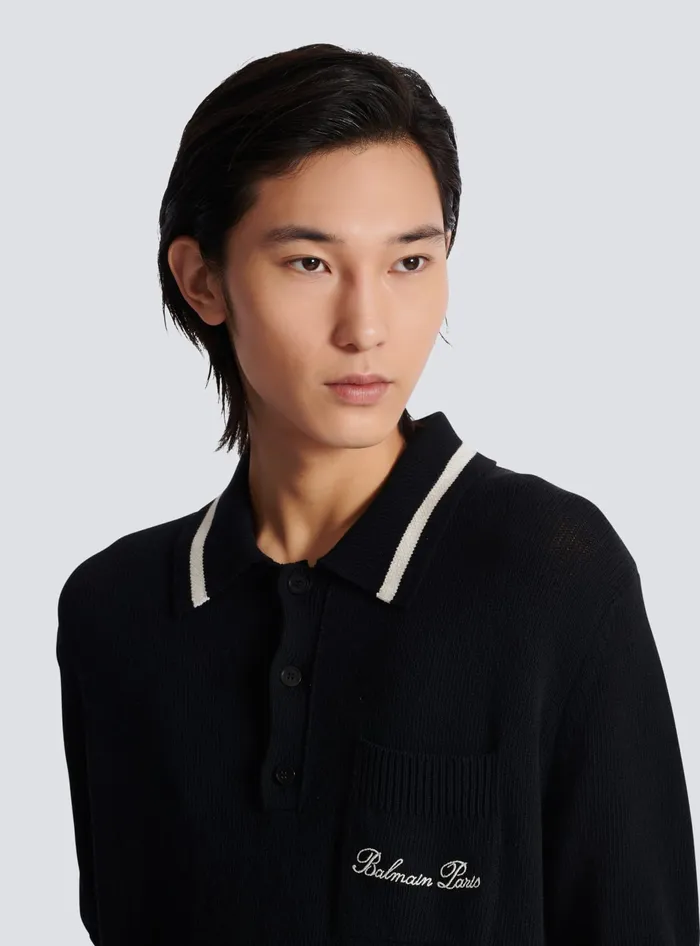 Balmain Wool Polo Shirt With Signature Embroidery Black Men Knitwear