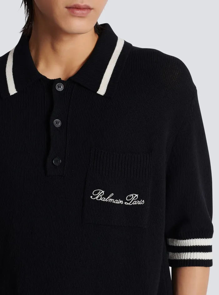 Balmain Wool Polo Shirt With Signature Embroidery Black Men Knitwear