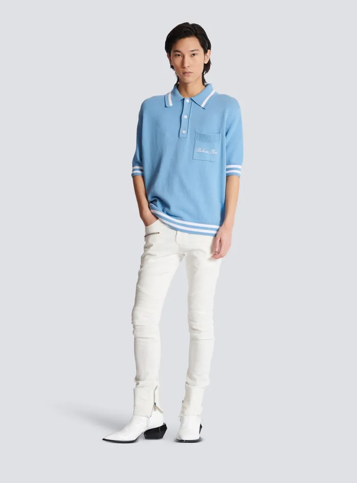 Balmain Wool Polo Shirt With Signature Embroidery Blue Men Shirts And Polos