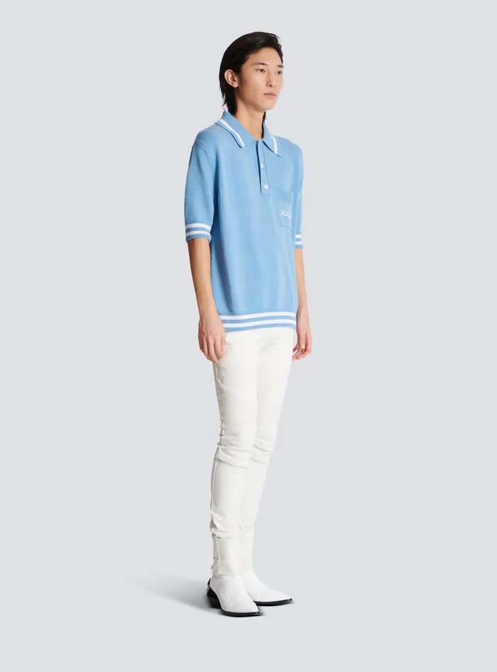Balmain Wool Polo Shirt With Signature Embroidery Blue Men Shirts And Polos