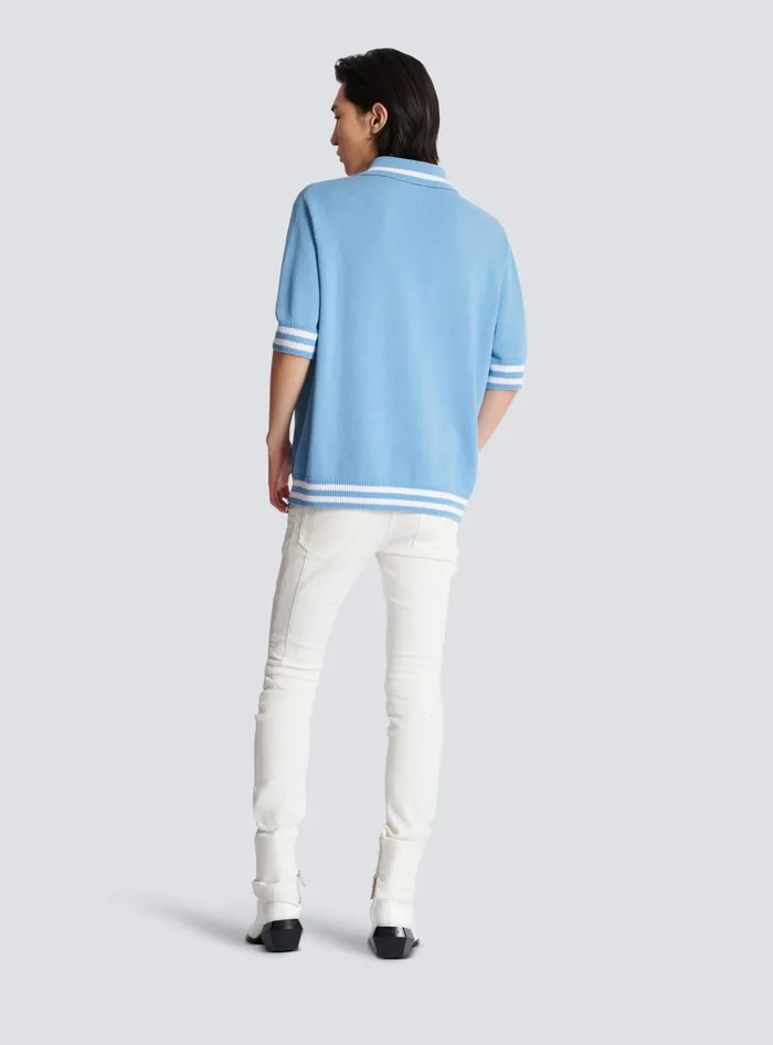 Balmain Wool Polo Shirt With Signature Embroidery Blue Men Shirts And Polos