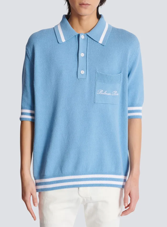 Balmain Wool Polo Shirt With Signature Embroidery Blue Men Shirts And Polos