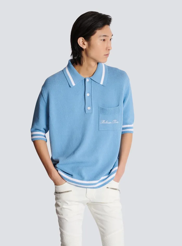 Balmain Wool Polo Shirt With Signature Embroidery Blue Men Shirts And Polos