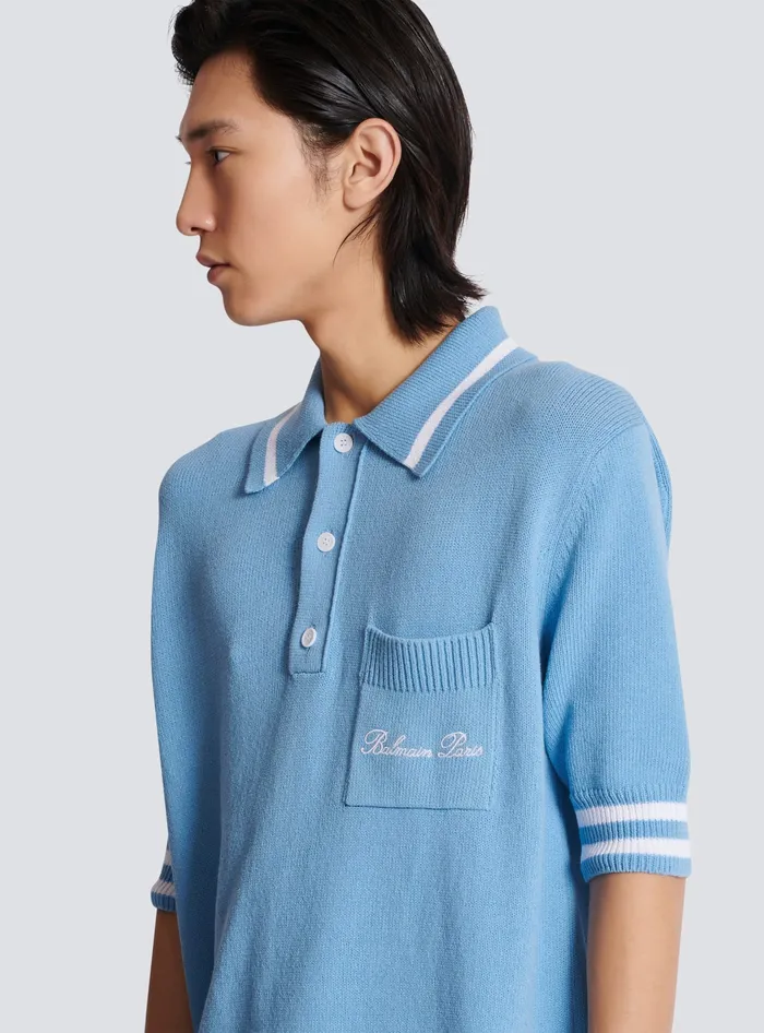 Balmain Wool Polo Shirt With Signature Embroidery Blue Men Shirts And Polos